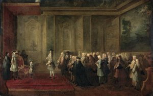 1719 年 7 月 24 日、ルイ 15 世の宮廷でのコーネリス ホップ (1685 ～ 1762 年) の歓迎 作： Louis Michel Dumesnil