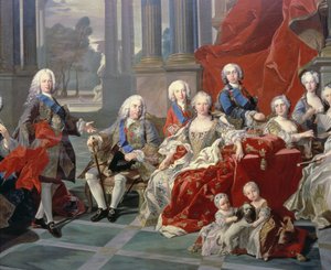 131 0794093/1 スペイン国王フェリペ 5 世 (1683 ～ 1746 年) の家族、国王、彼の 2 番目の妻エリザベート ファルネーゼ、そして将来のフェルディナンド 6 世を描いた詳細 作： Louis Michel van Loo