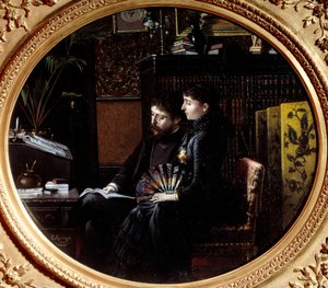 アルフォンス・ドーデ（1840～1897）と妻ジュリー・アラール（1844～1940）の仕事場での様子。ルイ・モンテグート（1855-？）の絵画 作： Louis Montegut