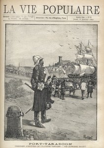 ポルト・タラスコン島の港でタラスクの隘路を観察する男。アルフォンス・ドーデ（1840-1897）の "Port-Tarascon "にMontegutが描いたもの。1891年の「La vie populaire」に掲載されたエングレーヴィング。個人蔵