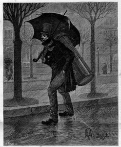 貧乏な収穫。濡れたセミがかわいそう...雨の中、パリの街を歩く悲惨なドラム奏者。アルフォンス・ドーデ（1840-1897）の自伝的作品集「パリからの旅」に収録。Le Monde illustriou "に掲載されたMontegutの挿絵をもとにしたエングレーヴィング。