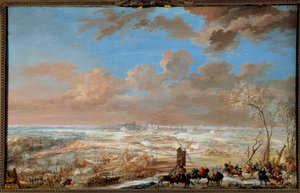 オーストリア継承戦争（1741年〜1748年）の様子。"1746年2月7日から20日までのザクセンのマレシャルによる雪の下のブリュッセルの包囲" ルイ・ニコラ・ヴァン・ブラーレンベルヘ（1716-1794）によるグワッシュ 1781年 Sun.0,59x0,94 m ヴェルサイユ宮殿、城の博物館 作： Louis Nicolas van Blarenberghe