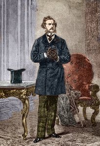 1872 年にルイ ポール ピエール デュモン (1822-1882) によって描かれた、ジュール ヴェルヌの小説「冒険の旅」の登場人物、フィリアス フォッグの肖像 (「80 日間世界一周」の口絵からのフィリアス フォッグ) ジュール・ヴェルヌ作（182 作： Louis Paul Pierre Dumont