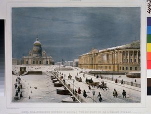 サンクトペテルブルクの聖イサアク大聖堂と元老院広場。 Louis Pierre Alphonse Bichebois (Louis-Pierre-Alphonse) (1801-1850) によるデッサン。 水彩で着色したリトグラフ、 作： Louis Philippe Alphonse Bichebois