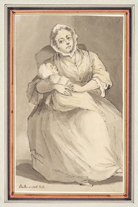 座る女性と子供 （紙に鉛筆、ペン・インク、水彩） 作： Louis Philippe Boitard