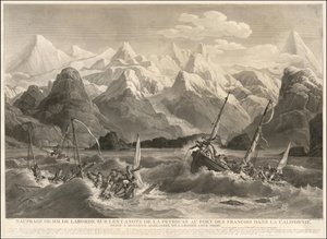 1786年、ラ・ペルーズ探検隊の一員であった2隻の小舟の難破を描いたエングレーヴィング 作： ルイ・フィリップ・クレパン