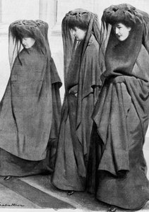 1909年12月、父であるベルギー国王レオポルド2世（1835-1909）の埋葬の際に喪に服したザクセン・コブール（Saxe-Cobourg）のルイーズ王女、ステファニー王女、クレメンティーヌ王女たち。ルイ・レミー・サバティエ（1863-1935）によるイラスト