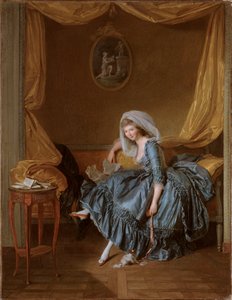 寝室で彼女の手紙を読む若い女性 作： Louis Rolland Trinquesse