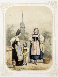 スイスの二人の女性と一人の少女-ルイ・ラサールの絵による「若き旅人のアルバム」の中で 作： Louis Simon Lassalle