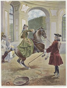 ムチを持った男の前で育てる馬に乗る女性 作： Louis Vallet