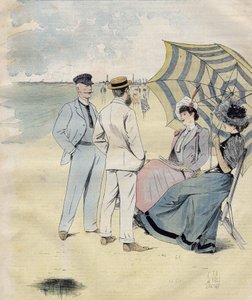 海水浴：浜辺にて。L.ヴァレの水彩画より。1892.