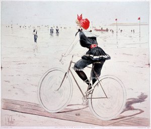 ビーチで自転車に乗る女性 - L. Valletによるドローイング 作： Louis Vallet