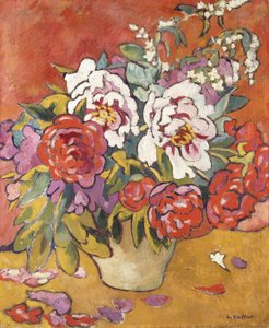 赤い背景のピッチャーの牡丹、1918年頃（キャンバスに油彩） 作： Louis Valtat