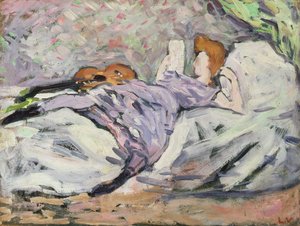 横になって読書する女性（キャンバスに油彩） 作： Louis Valtat