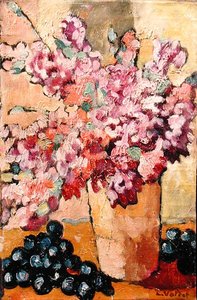 花と黒ブドウのある静物 作： Louis Valtat