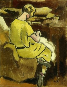 Woman in Yellow sewing; Femme en Jaune Cousant   1451986   ja       japanese Successfully Translated  Original: Man in suit, bowler hat and cane walking past bouquinistes on the Seine. Tenue du matin. Handcoloured pochoir (stencil) etching after an illustr 作： Louis Valtat