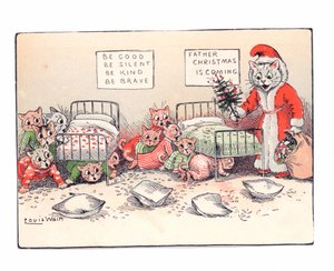 父のクリスマス、1880年頃の格好をした猫を見て恐怖に震える子猫のビクトリア朝のグリーティングカード 作： Louis Wain