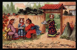 人間の姿勢にある動物たち。日本庭園でお茶を飲む着物姿の猫。ポストカードです。大きな目の猫を描いたことで知られるイギリスの画家、ルイス・ウェイン（1860-1939）のクロモリトグラフ。20世紀初頭コレクションpr 作： Louis Wain