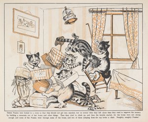 部屋の中で箱と戯れる猫たち。 作： Louis Wain