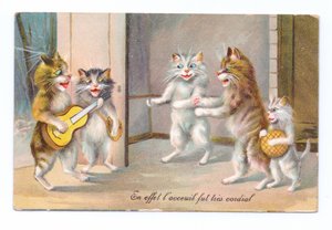 他の3匹の猫と子猫とギターを弾く猫のエドワード朝時代のポストカード、1910年頃