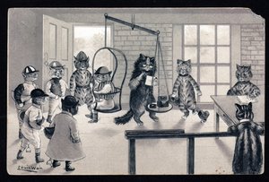 良い天気を楽しんでいます。人間の姿勢にある動物たち。体重計に乗せられているジョッキーのような猫。ポストカードです。大きな目の猫を描いたことで知られるイギリスの画家、ルイス・ウェイン（1860-1939）のクロモリトグラフ。20世紀初頭 作： Louis Wain