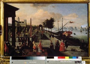 ""海辺の遊歩道"" おそらくオランダの町の眺め。 ルイ・ド・コーリー（レニングラードのスケッチブックのマスターとして知られる）による絵画（1580年頃-1621年以降）。 17世紀のラディシチョフ博物館、サラトフ、ロシア 作： Louis de Caulery