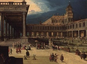 ルネッサンス期の宮殿の庭園と中庭（パネル 作： Louis de Caullery