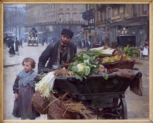 パリの四季の商人。 彼の背後にあるホテル デュ ルーヴル (1 区) ルイ マリー ド シュライバー (1862-1942) の絵画、キャンバスに油彩 作： Louis de Schryver