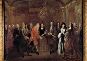 国王ルイ14世（1638-1715）は、1714年9月27日にフォンテーヌブロー城で、エリザベス・シャルロット・ドルレアンからザクセン公フレデリック・アウグストゥスを迎え入れた。ルイ・ド・シルヴェストル（1675-1760）による絵画 1715年 薄暗い。1,20 x 1,55 m