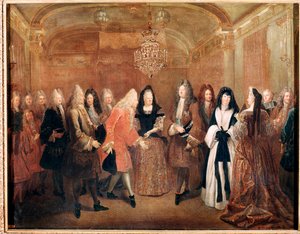 フランス王ルイ14世が王子フレデリック・アウグスト1世をフォンテーヌブロー城に迎える（絵画