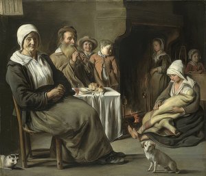 古いフルート奏者と農民のインテリア。 1642年頃 作： Louis le Nain