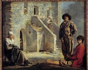 家の前の農民たち。ルイ・ル・ナイン（1593-1648）の絵 作： Louis le Nain