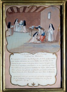 ジャンセニスム「病人の世話をするポルト・ロワイヤル・デ・シャン（Port-Royal-des-Champs）修道院の修道士」。ルイーズ・マドレーヌ・コーシャン（1686-1767）18世紀のデビュー作の後の匿名のガッシュ。Port Royal, Musee Des Granges. 作： Louise Madelaine (after) Cochin