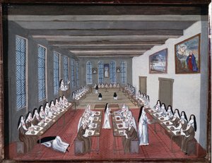 ポート・ロワイヤル・デ・シャン修道院の食堂の修道女（グワッシュ） 作： Louise Madeleine Cochin