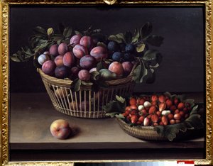 桃、イチゴ、果物の入ったバスケット ルイーズ・モイヨン（1610-1696）の絵画 17世紀 トゥールーズ、オーギュスタン美術館蔵 作： Louise Moillon