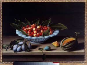 チェリー、プラム、メロンのカップ ルイーズ・モイヨン（1610-1696）の絵画 1633年 日0.48x0.65 m 作： Louise Moillon