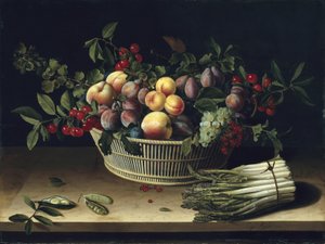 果物のバスケットとアスパラガスの束のある静物、1630 作： Louise Moillon