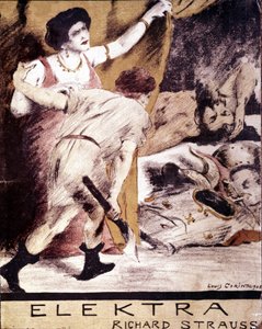 リヒャルト・シュトラウス、1908年にルイ・コリンスが描いた「エレクトラ」の楽譜のイラスト。ミラノの個人コレクション。 作： Lovis  Corinth