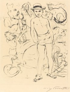 水遊びトランクスと麦わら帽子をかぶった少年 作： Lovis Corinth