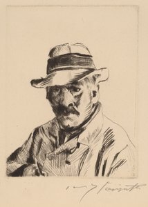 麦わら帽子をかぶった自画像、胸像、1913年 作： Lovis Corinth
