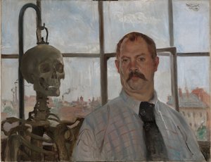 スケルトン付きの自画像 作： Lovis Corinth