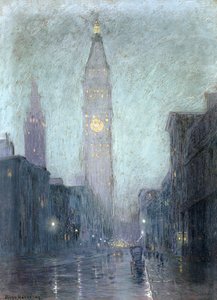 トワイライトのマディソンアベニュー（茶色の紙にパステル） 作： Lowell Birge Harrison