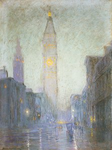 トワイライトのマディソンアベニュー、1911年頃（茶色の紙にパステル） 作： Lowell Birge Harrison