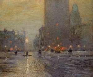 マディソン・スクエア、雨の夜（油彩・キャンバス 作： Lowell Birge Harrison