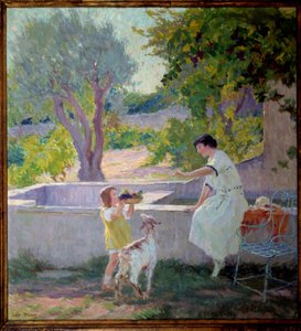 子ヤギのいる庭にいるプラット夫人とその娘 ジョセフ・ロイス・プラット（1879-1934）の絵画 20世紀ドンゼレの市長。