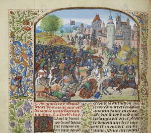 1346 年 10 月 17 日、1470 年から 1475 年頃のネヴィルズ クロスの戦い。 作： Loyset Liedet