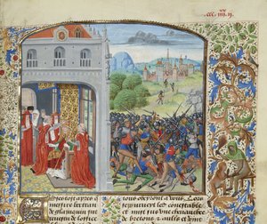 教皇グレゴリウス 11 世の戴冠式とポンヴァランの戦い、1370 年、1470 ～ 1475 年頃。 作： Loyset Liedet