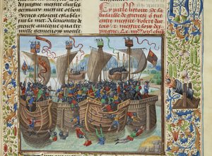 ガーンジー島の海戦、1342 年、1470 ～ 1475 年頃。 作： Loyset Liedet