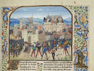 ウィリアム 2 世、エノー伯爵、1340 年、1470 年から 1475 年頃のオーバントンを占領して破壊。 作： Loyset Liedet