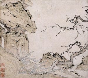 スイセン、風景の中の梅の木（紙にインクとカラー） 作： Lu Zhi